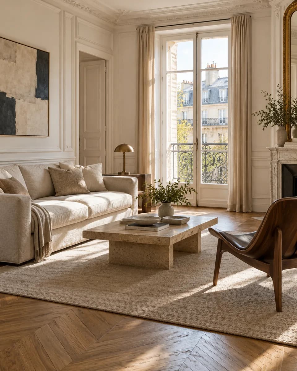 Salon parisien meublé, canapé en lin et mobilier en bois